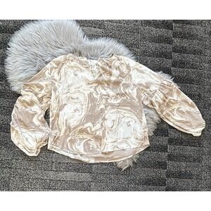 August Sky Women's Marbled Tan Long Balloon Sleeve Pullover Blouse Size Large